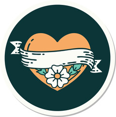 sticker of tattoo in traditional style of a heart and banner with flowers