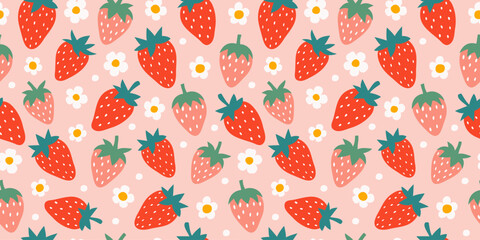 Strawberry and flowers hand drawn seamless pattern. Cute summer background for fabrics, decorative paper. Textile print for kids. Vector cartoon illustration.