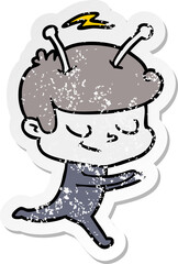 distressed sticker of a friendly cartoon spaceman running