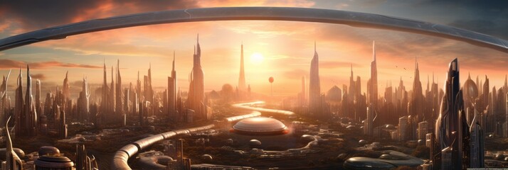 Futuristic city in the middle of a sunset. Beautiful illustration picture. Generative AI