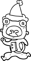 hand drawn line drawing of a weird alien running away wearing santa hat