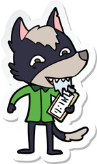 sticker of a cartoon hungry wolf with clip board
