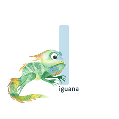 Letter I, iguana, cute kids colorful animal ABC alphabet. Watercolor illustration isolated on white background.