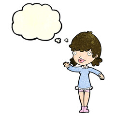 cartoon woman waving with thought bubble