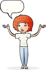 cartoon woman shrugging shoulders with speech bubble