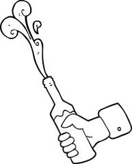 freehand drawn black and white cartoon hand holding bottle of wine