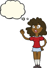 cartoon worried woman waving with thought bubble