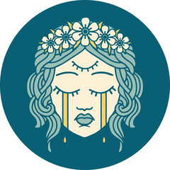 iconic tattoo style image of female face with third eye and crown of flowers cyring