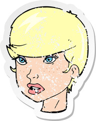 retro distressed sticker of a cartoon pretty female face