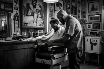 Naklejka premium A barber and his client in a local barbershop. Documentary style black and white photography. Generative AI