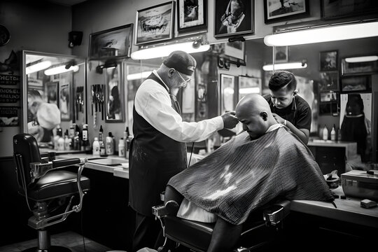 A barber and his client in a local barbershop. Documentary style black and white photography. Generative AI