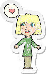 retro distressed sticker of a cartoon woman in love