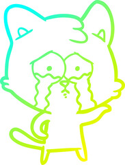 cold gradient line drawing of a cartoon crying cat
