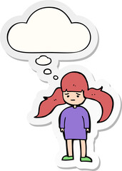 cartoon girl with long hair with thought bubble as a printed sticker