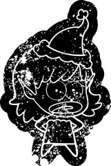 quirky cartoon distressed icon of a shocked elf girl wearing santa hat