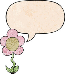 cartoon flower with speech bubble in retro texture style