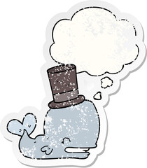 cartoon whale wearing top hat with thought bubble as a distressed worn sticker