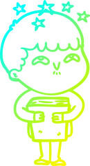 cold gradient line drawing of a cartoon amazed boy