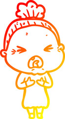 warm gradient line drawing of a cartoon angry old woman
