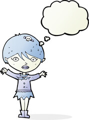 cartoon waving vampire girl with thought bubble