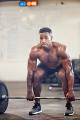 Black man, fitness and bodybuilder weightlifting for workout, exercise or training at the gym....