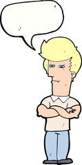 cartoon man with folded arms with speech bubble