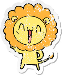 distressed sticker of a happy cartoon lion
