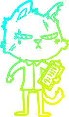 cold gradient line drawing of a tough cartoon cat with clipboard