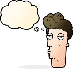 cartoon bored man's face with thought bubble