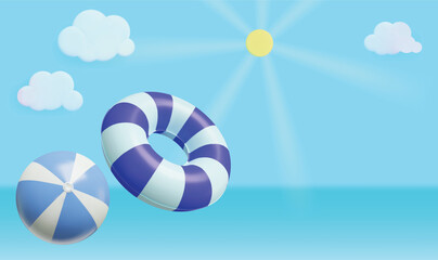 Inflatable toys - ring and ball on a sunny day. Background  for invitation card or banner for pool, beach party. Modern style vector from 3d rendering
