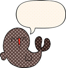 cute cartoon whale with speech bubble in comic book style