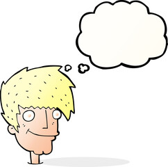 cartoon smiling man with thought bubble