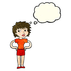 cartoon woman with hands on hips with thought bubble