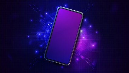 Background with smartphone on circuit board for product presentation, top view, 3d realistic vector illustration.