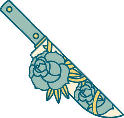 iconic tattoo style image of a dagger and flowers