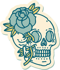 sticker of tattoo in traditional style of a skull and rose