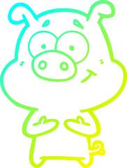 cold gradient line drawing of a happy cartoon pig