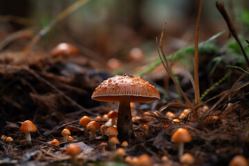 Fototapeta na wymiar Wild mushrooms growing in woodlands near tree roots. Close up view. Generative AI