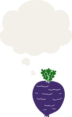 cartoon root vegetable with thought bubble in retro style