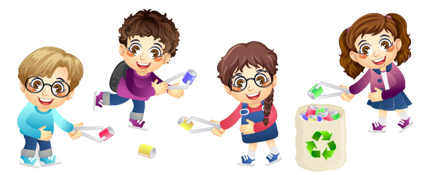Cute boy and girl do collecting for cans for recycling, safe earth, print, artwork, doodle, vector illustration (Vector)