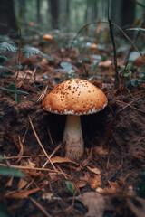 Wild mushrooms growing  in woodlands near tree roots. Close up view. Generative AI