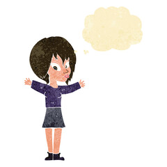 cartoon woman with open arms with thought bubble
