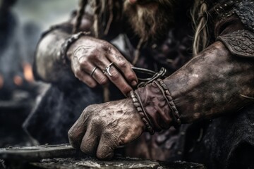 Obraz premium Close up view of viking hands that is sitting. Beautiful illustration picture. Generative AI