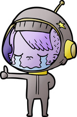 cartoon crying astronaut girl making thumbs up sign