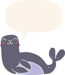 cartoon seal with speech bubble in retro style
