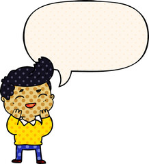 cartoon man laughing with speech bubble in comic book style