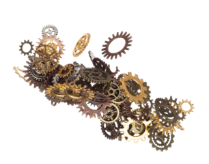 Cog wheel gear is spare part for industrial steel. Cogwheel gear head is innovation and brain teamwork. Many group gear wheel in difference color size fly in air. White background isolated