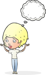 cartoon woman raising hands in air with thought bubble
