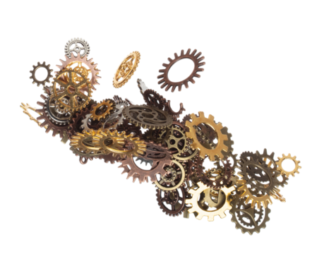 Cog wheel gear is spare part for industrial steel. Cogwheel gear head is innovation and brain teamwork. Many group gear wheel in difference color size fly in air. White background isolated