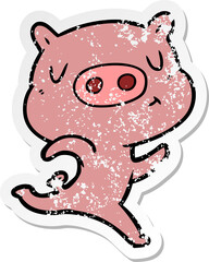 distressed sticker of a cartoon content pig running